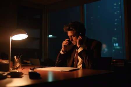 phone call, night and business man in the office working on a project after hoursの素材
