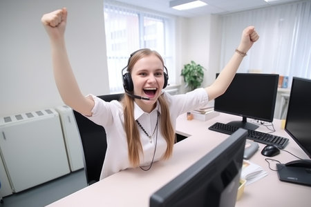 call center, tablet or happy consultant in telemarketing office with support person on a missionの素材