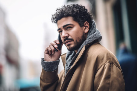 closeup shot of a man making a phone call in the cityの素材