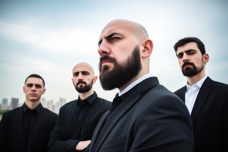 quote, portrait and business team of a man serious with teamwork and communication on the roofの素材