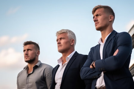 quote, portrait and business team of a man serious with teamwork and communication on the roofの素材