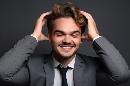 studio portrait of a cheerful young businessman posing with his hands behind his headの素材