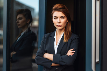 portrait of a confident young business owner standing in front of her new officeの素材