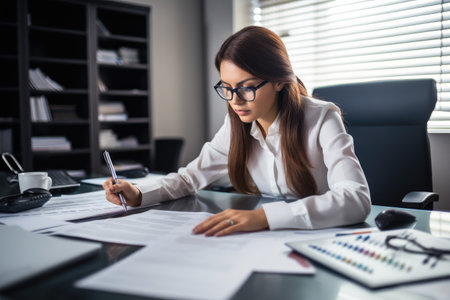finance, tax and accounting with a woman accountant working on paperwork in an officeの素材
