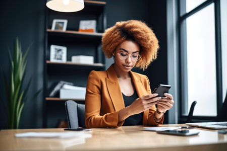 shot of a young woman using a smartphone and making an online payment at an officeの素材