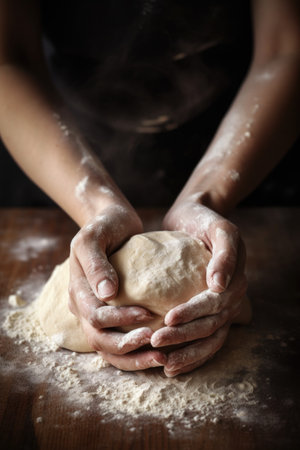 closeup of hands handling dough for baking or cookingの素材