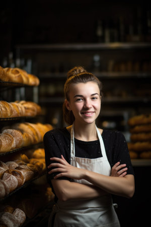 portrait of a young woman smiling with her arms folded in her bakeryの素材