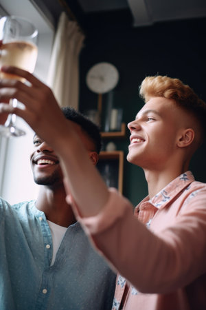 shot of two young men doing a toast at a partyの素材