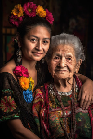 portrait of a senior mexican woman with her younger daughterの素材