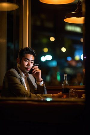 phone call, business man and night with customer in coffee shop for networking or conversationの素材