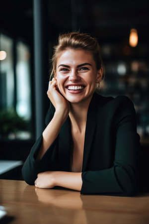 phone call, portrait and business woman in a cafe with a smile while on the phoneの素材