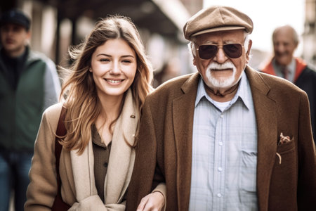 shot of a young woman walking with her elderly fatherの素材