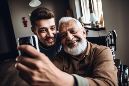 shot of a caretaker taking selfies with his wheelchair bound client at homeの素材