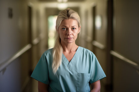 portrait of a young carer standing in the hallway of an assisted living facilityの素材