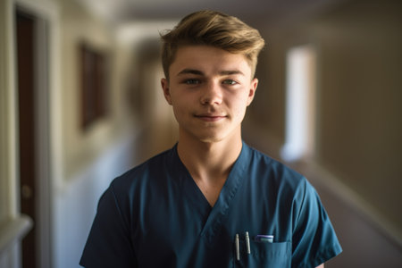 portrait of a young carer standing in the hallway of an assisted living facilityの素材