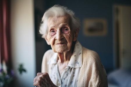 portrait of a senior woman using her walking stick at homeの素材