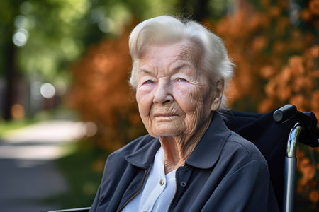 portrait of a senior woman in a wheelchair outsideの素材