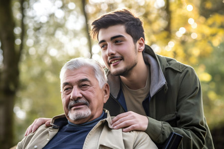 portrait of a disabled man using his wheelchair with the help of his carerの素材