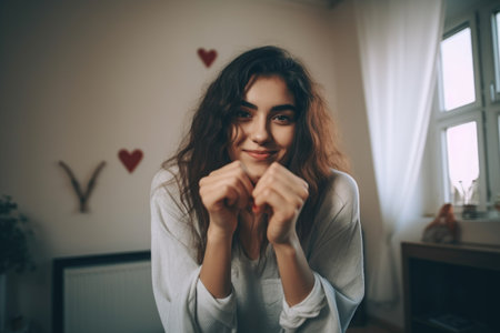 portrait of a young woman making a heart shape with her hands at homeの素材