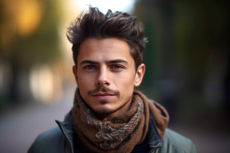 portrait of a handsome young man standing outsideの素材