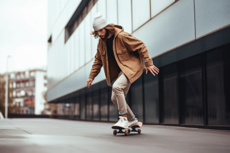 shot of a sporty man skating on his skateboardの素材