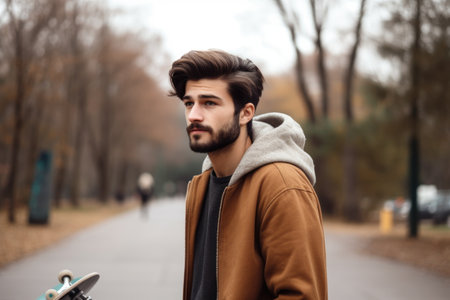 shot of a young man standing on his skateboard at the parkの素材