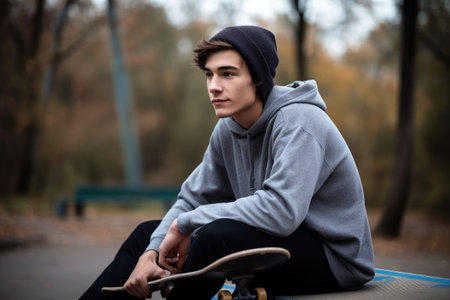 shot of a young man on his skateboard at the parkの素材