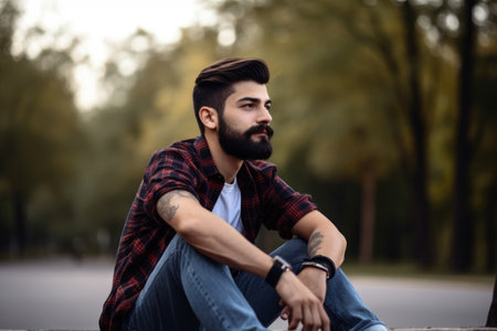 shot of a young man sitting on his skateboard at the parkの素材