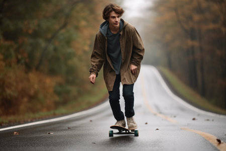 shot of a young man skating down a road on his skateboardの素材