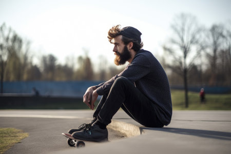 shot of a man sitting on his skateboard at the skateparkの素材