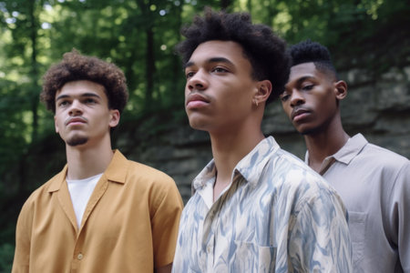 cropped shot of three young men standing outdoorsの素材