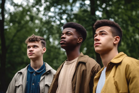 cropped shot of three young men standing outdoorsの素材