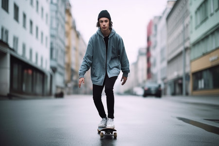 shot of a young man skating in the cityの素材