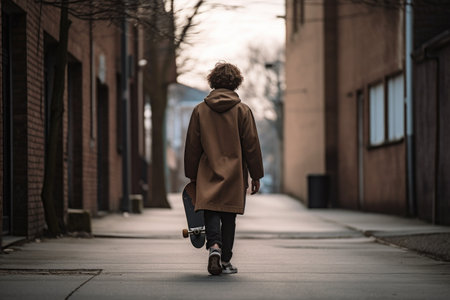 shot of a skateboarder walking away from the camera while holding his skateboardの素材