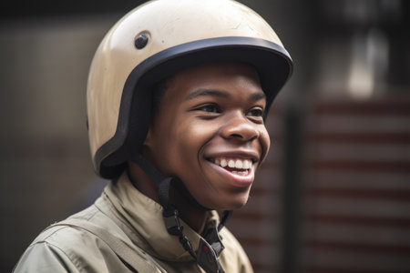 a young man smiling while wearing his helmetの素材