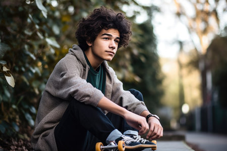 shot of a young man holding his skateboard while sitting on it outsideの素材