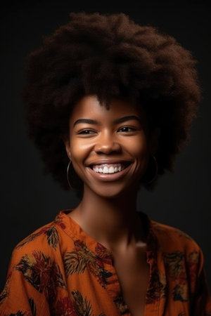 black woman, smile portrait and hair texture with a natural afro in studio for cosmeticsの素材