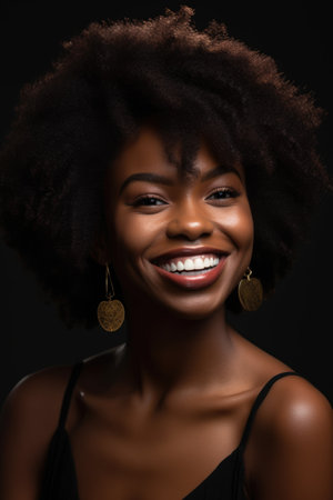 black woman, smile portrait and hair texture with a natural afro in studio for cosmeticsの素材