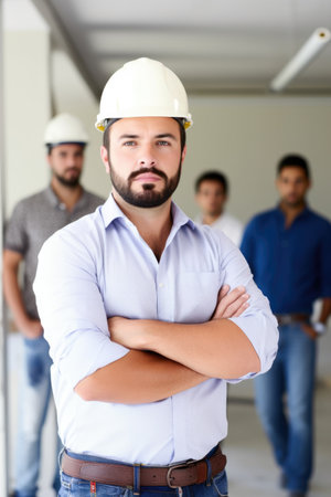 portrait of a builder with his team standing in the backgroundの素材