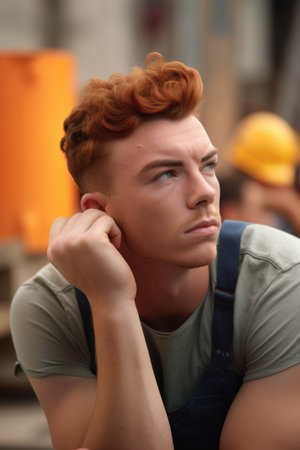 shot of a young man looking bored while working at a construction siteの素材