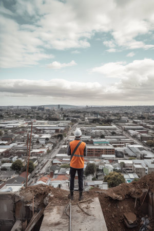 shot of a man standing on top of a building site looking out over the cityの素材
