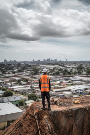 shot of a man standing on top of a building site looking out over the cityの素材