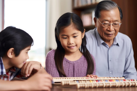 shot of a young girl using an abacus while her parents discuss paperworkの素材