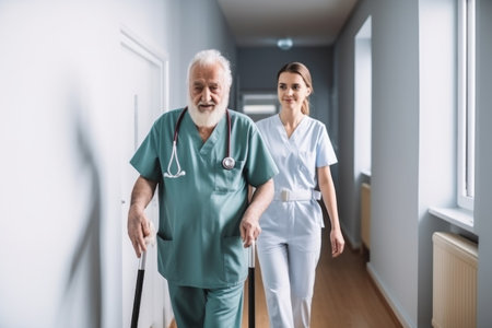 occupational therapist and senior man working with a crutch or walking stickの素材
