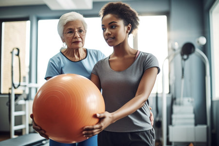 shot of a physiotherapist lifting weights with her patientの素材