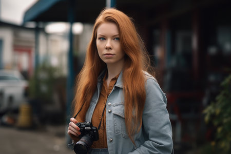 a young woman standing outside with a cameraの素材