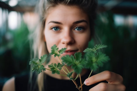 a young woman showing a plant to the cameraの素材