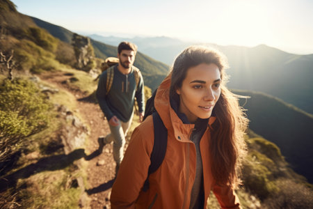 shot of a young couple hiking up a mountainの素材