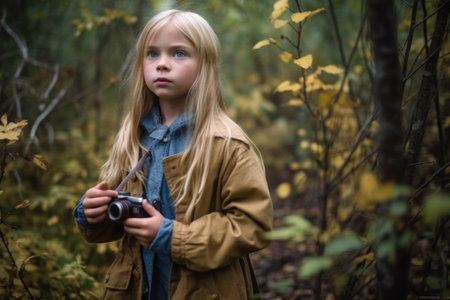 a young girl standing in the wild and holding her digital cameraの素材