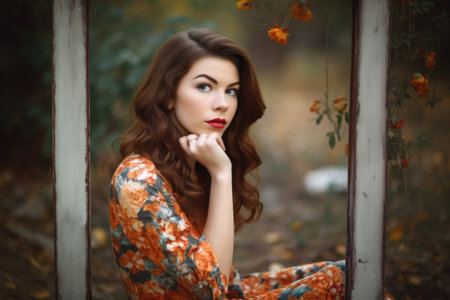 a beautiful young woman sitting outside with a frame around herの素材